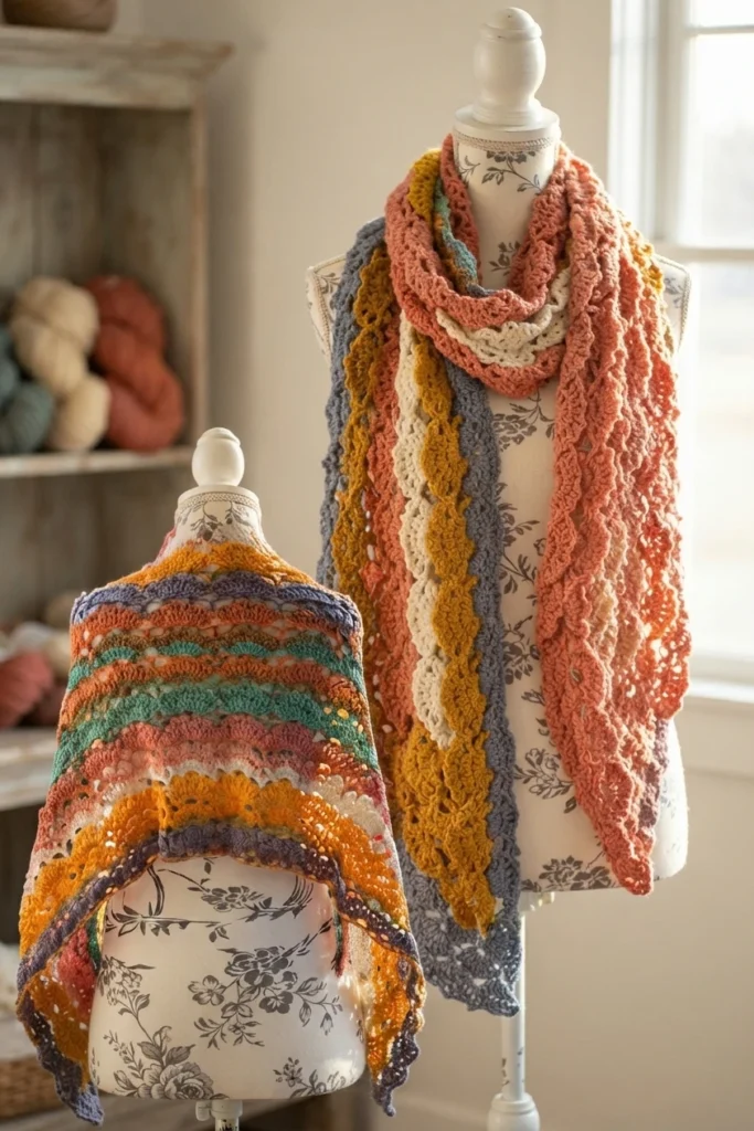 Two floral-patterned dress forms in an indoor room beside a window, one wearing a long striped lacy crochet wrap with scalloped picot edges in coral, cream, mustard, teal and gray-blue, the other with a matching striped wrap draped over its