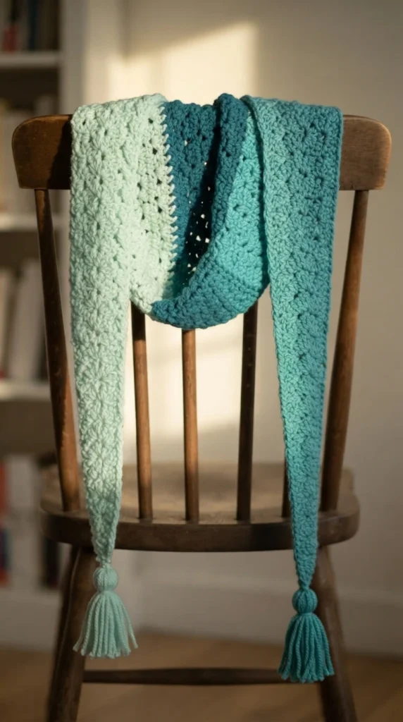 Crocheted scarf in shades of pale mint and teal with two tassels draped over the back of a wooden chair in soft indoor light