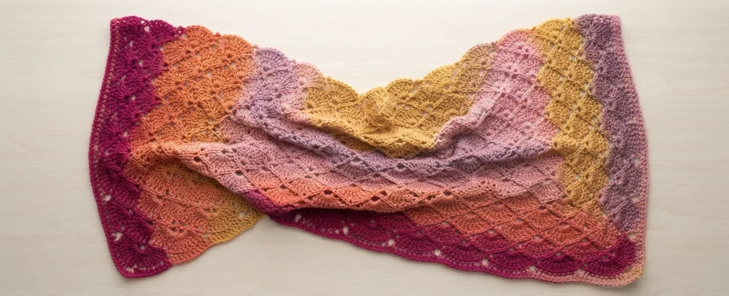 Crocheted wrap in pink, orange, purple and yellow gradient stripes with an openwork diamond and fan motif, folded and draped on a light wood surface.