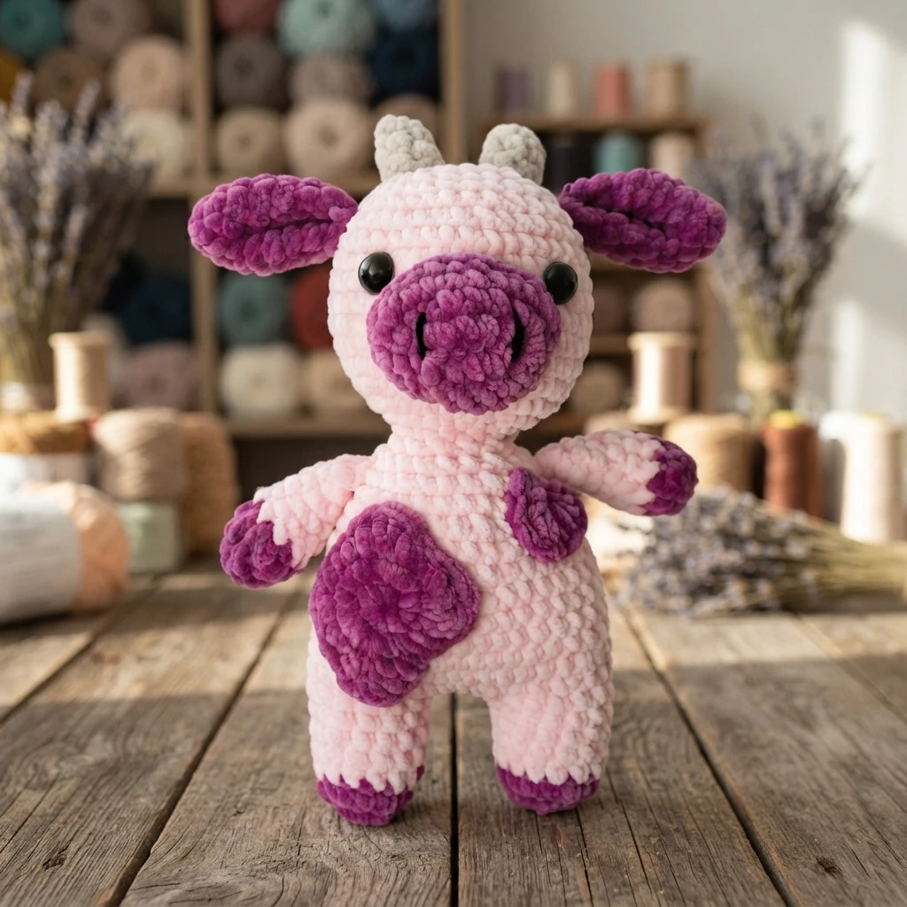 Pink crochet cow plush with purple spots, purple snout and ears, small beige horns and black safety eyes, standing on a wooden table