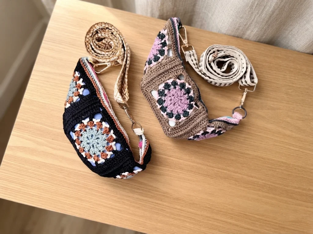 Two crocheted crossbody bum bags with colorful granny square motifs and coiled detachable straps resting on a light wooden table.