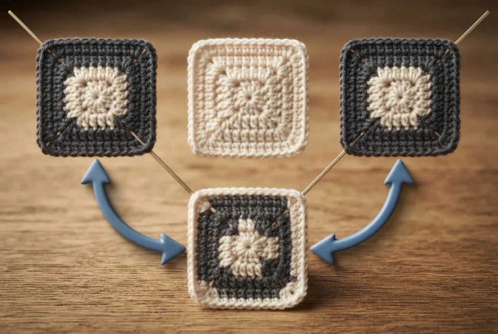 Four crochet granny squares in dark gray and cream arranged in a join layout with blue double arrows and diagonal lines.