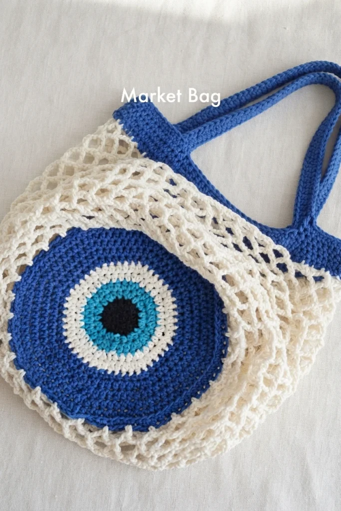 Crocheted market bag with a blue evil eye circle, cream open mesh body and blue handles on light fabric.