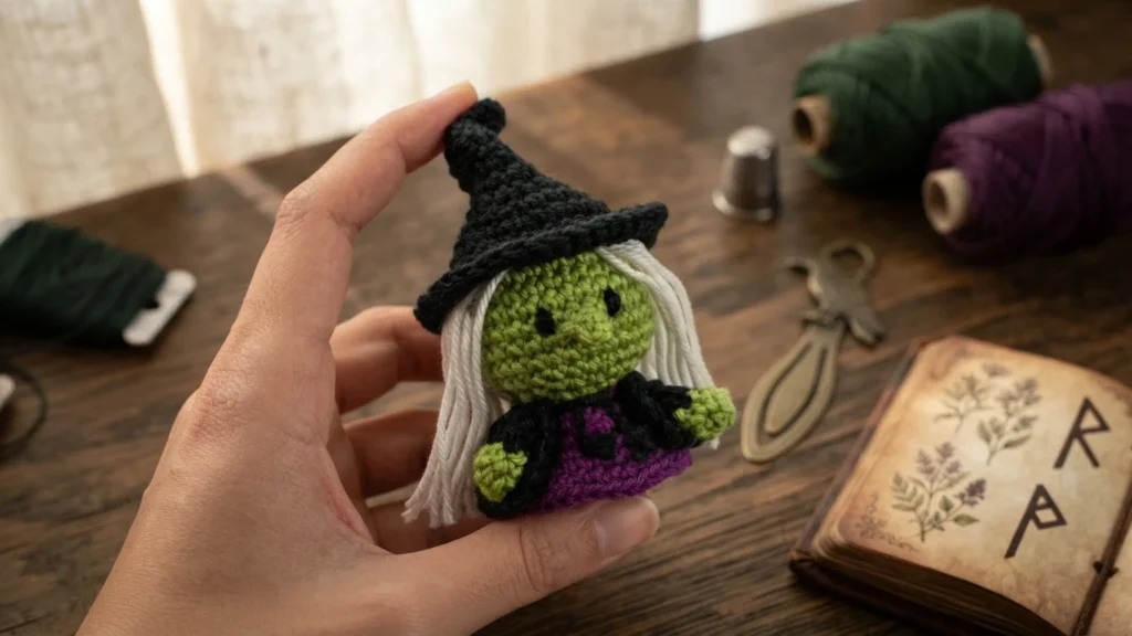 A hand holds a small crocheted witch with green skin, white hair, a black pointed hat, and a black and purple outfit.