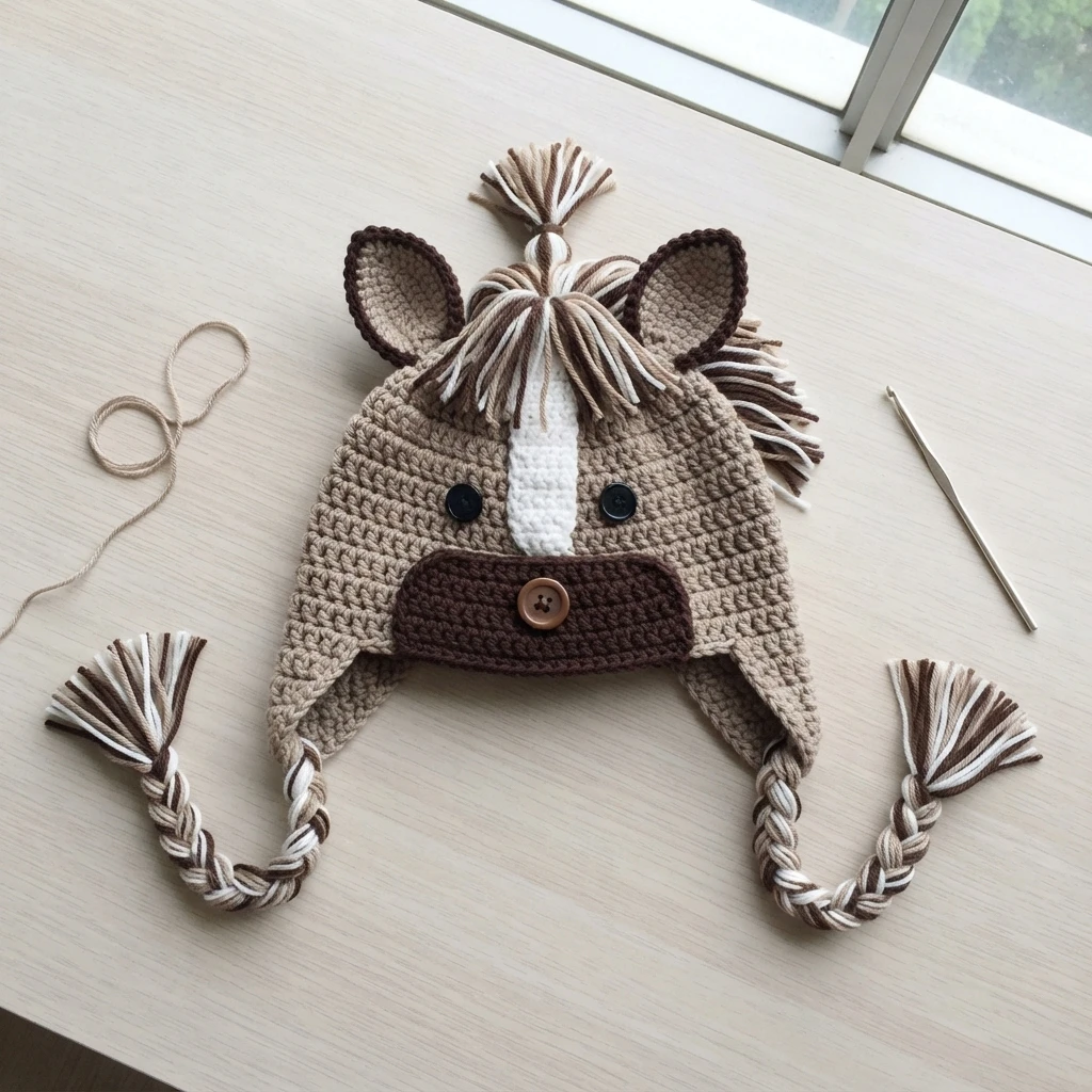 Finished crochet pony horse beanie with brown ears, yarn mane, white forehead strip, button eyes and braided ear flap ties laid flat on a wooden table next to a crochet hook.