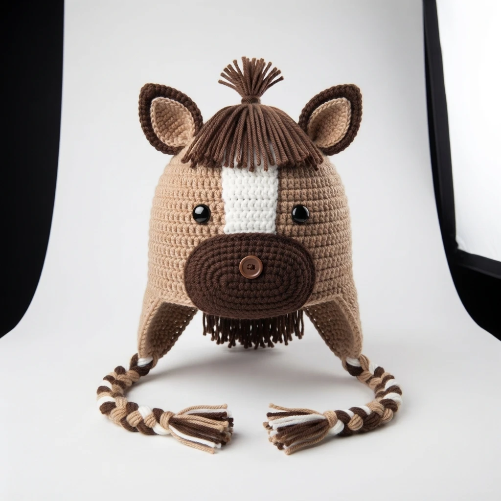 Crochet horse beanie in tan with white forehead stripe, dark brown muzzle, black button eyes, ears, yarn forelock and braided earflap ties on white background
