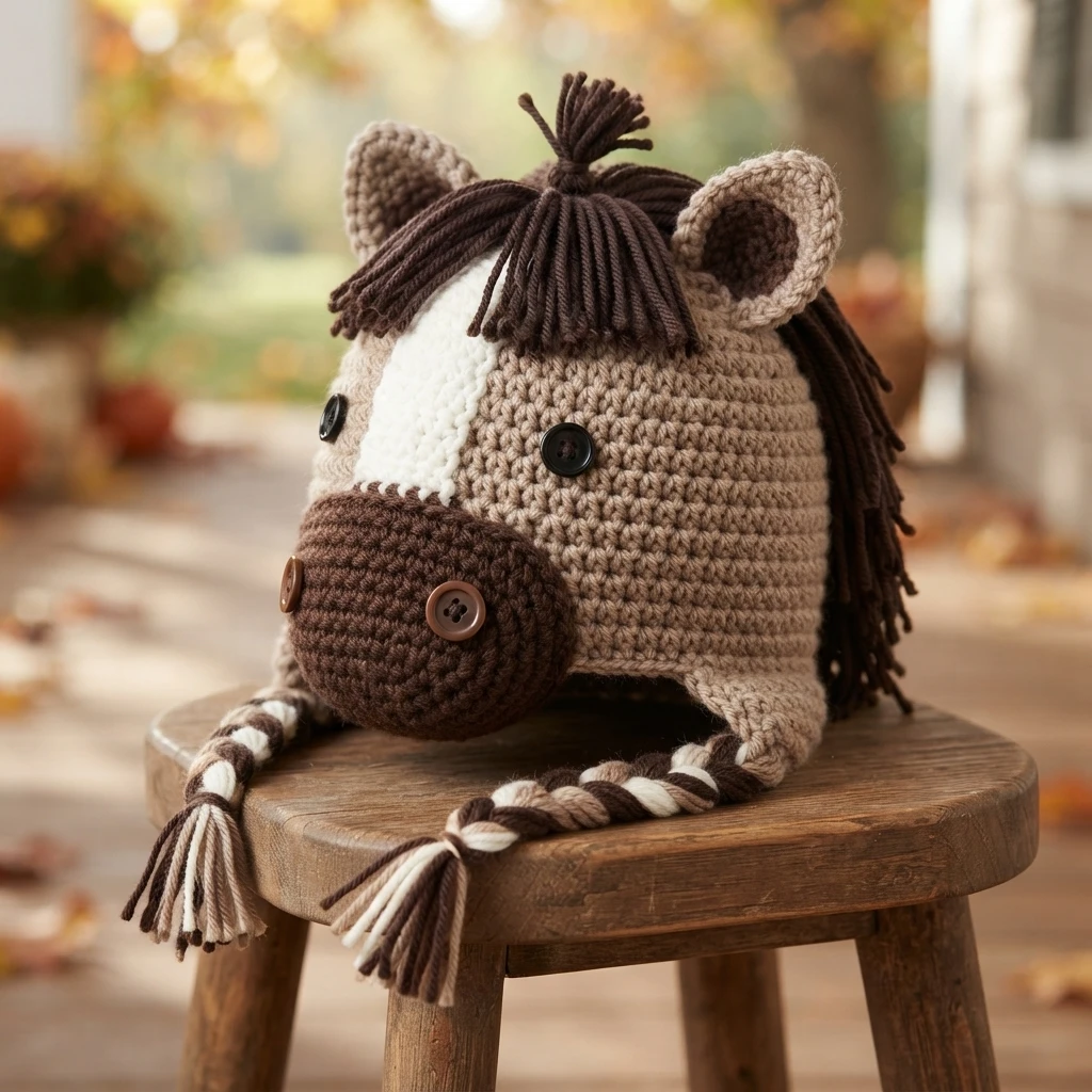 Single crochet pony beanie in light brown with dark brown mane, white forehead stripe, button eyes and nose, and braided earflap ties, displayed on a wooden stool outdoors.