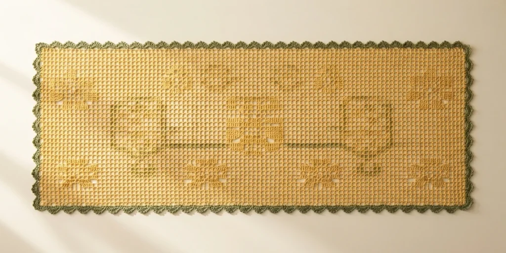 Filet crochet table runner in golden yellow with open mesh and solid blocks forming floral motifs, finished with a scalloped olive green border, laid flat on a pale surface.