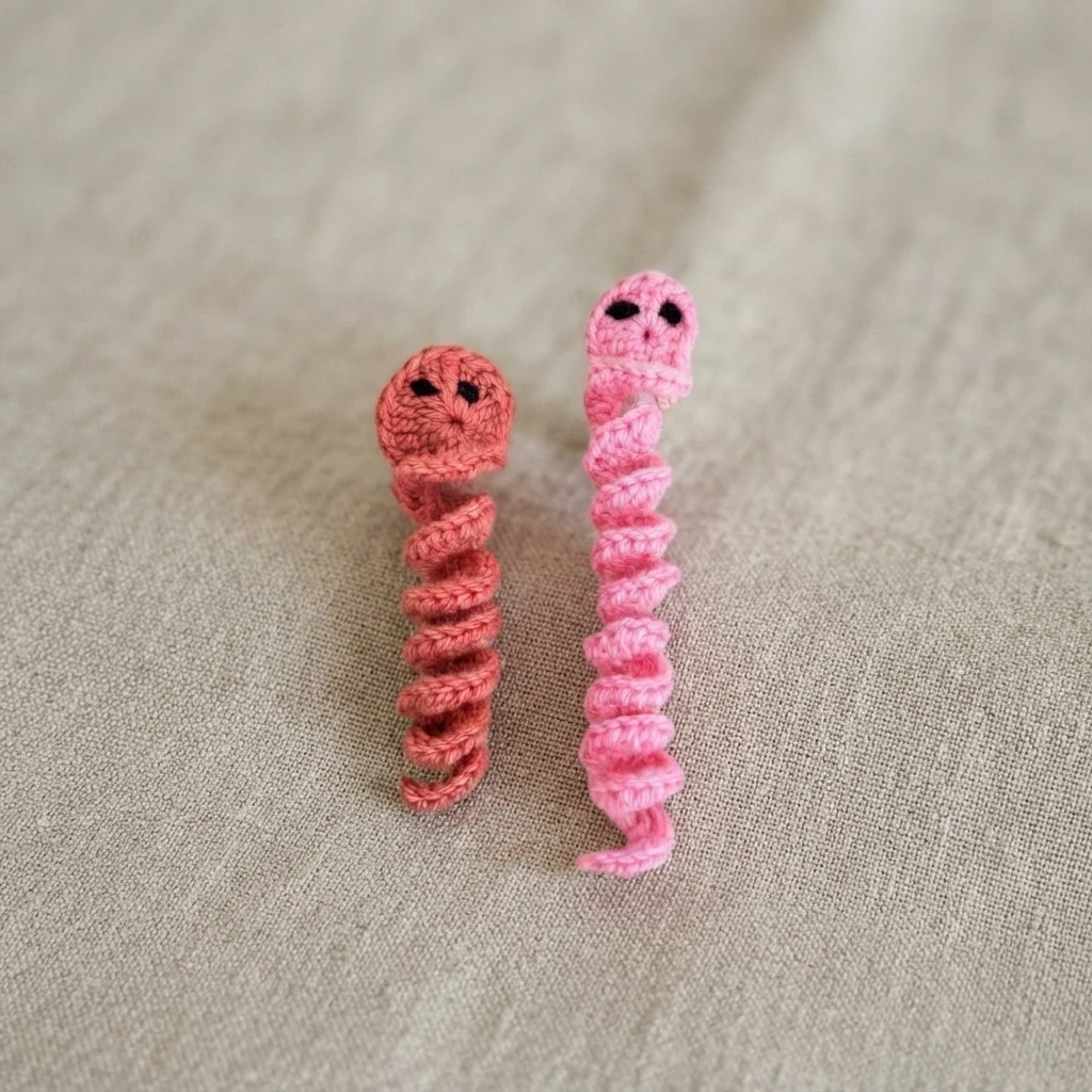 Two curled crochet worry worms, one coral and one pink, with black eyes on beige fabric.