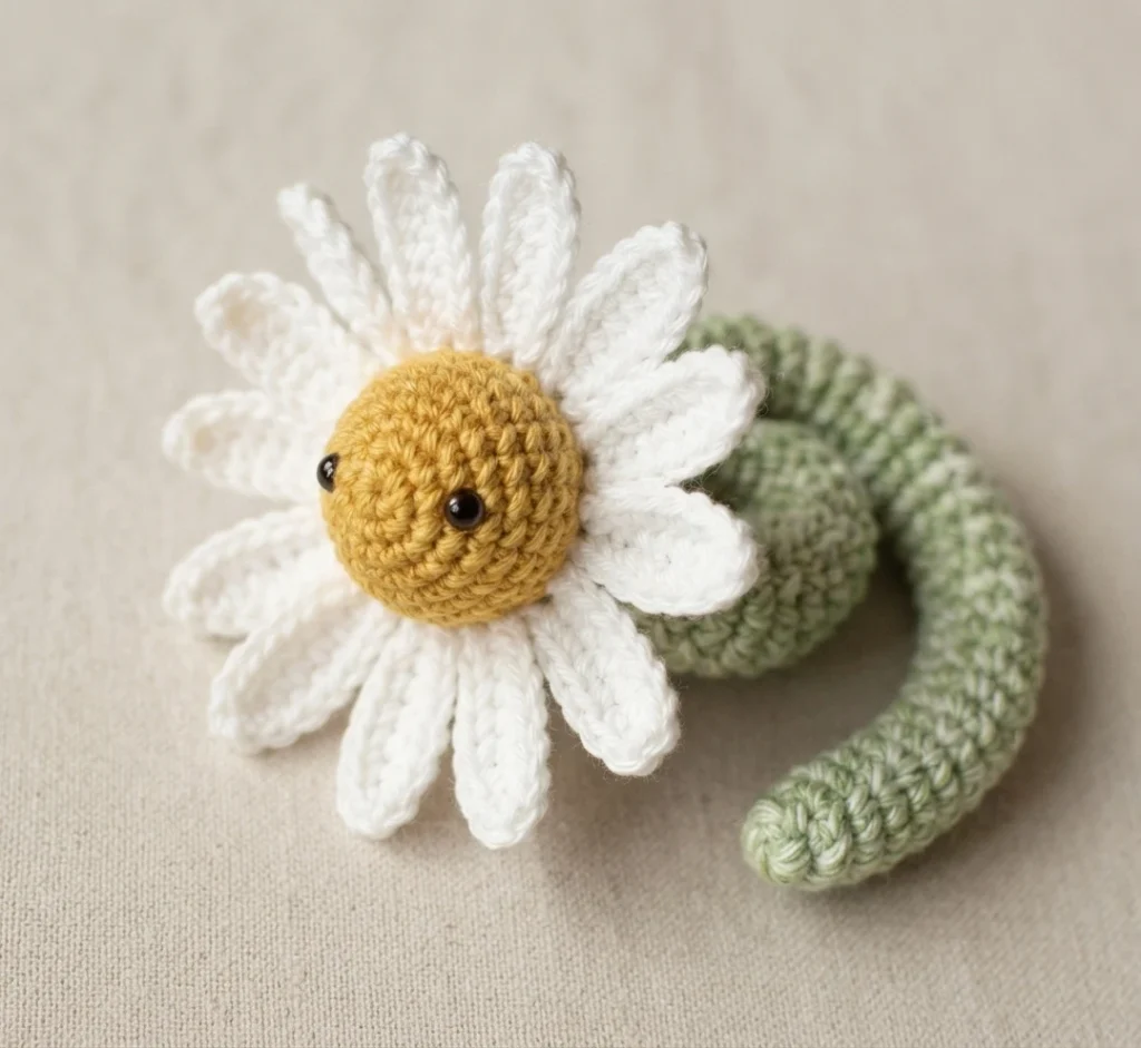 A crocheted white daisy with a golden center and a curled green worm behind it.