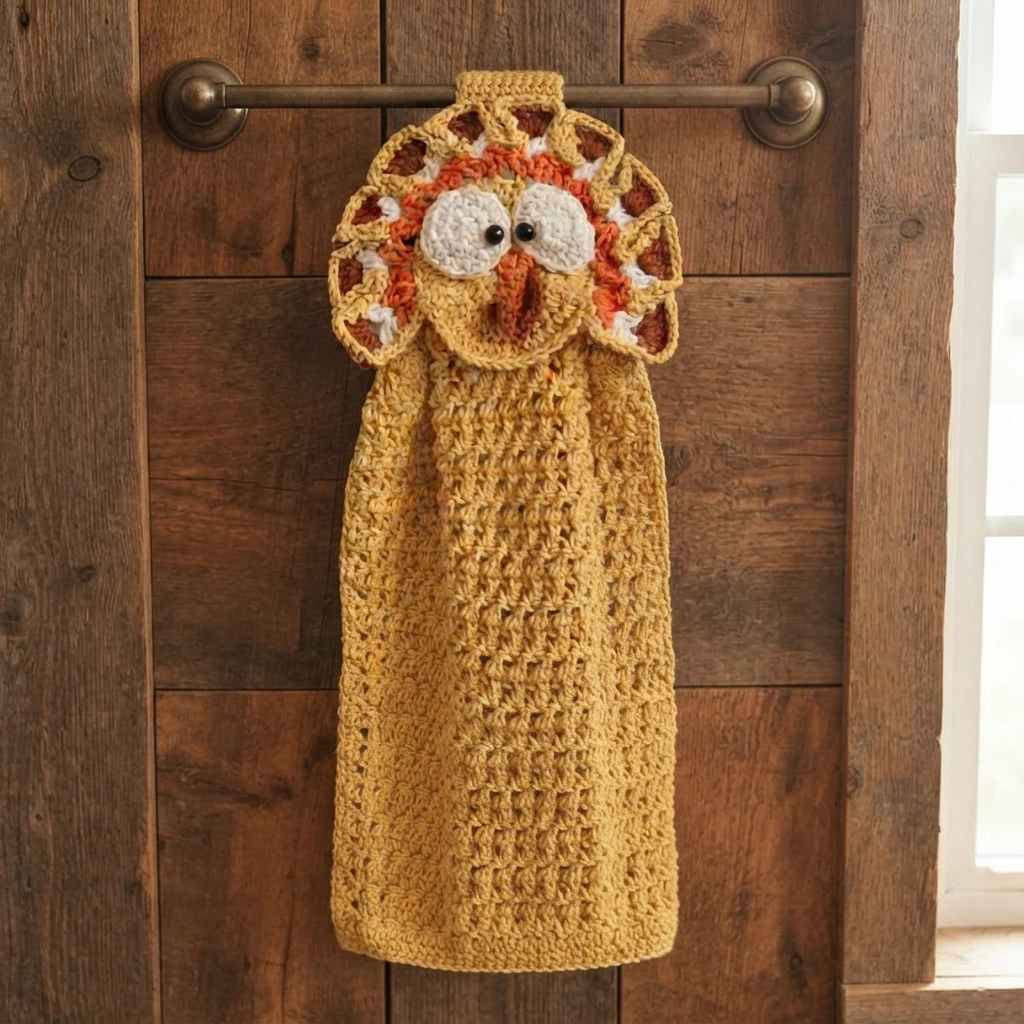 Golden crocheted kitchen towel with a turkey face and fan-shaped feathers, hanging from a wall bar.