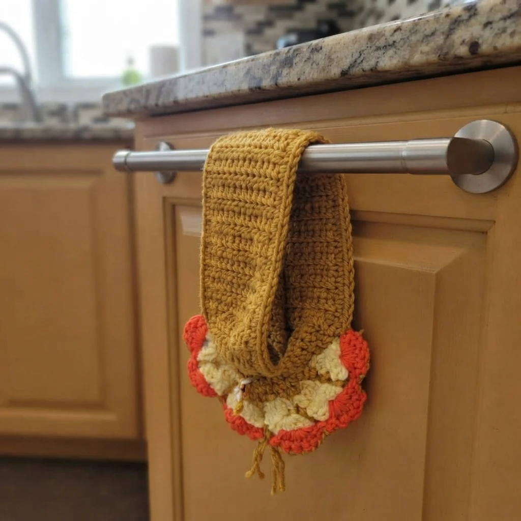 Une serviette de cuisine crochetée moutarde est suspendue à une poignée métallique, avec une bordure de plumes crème et corail à son extrémité.