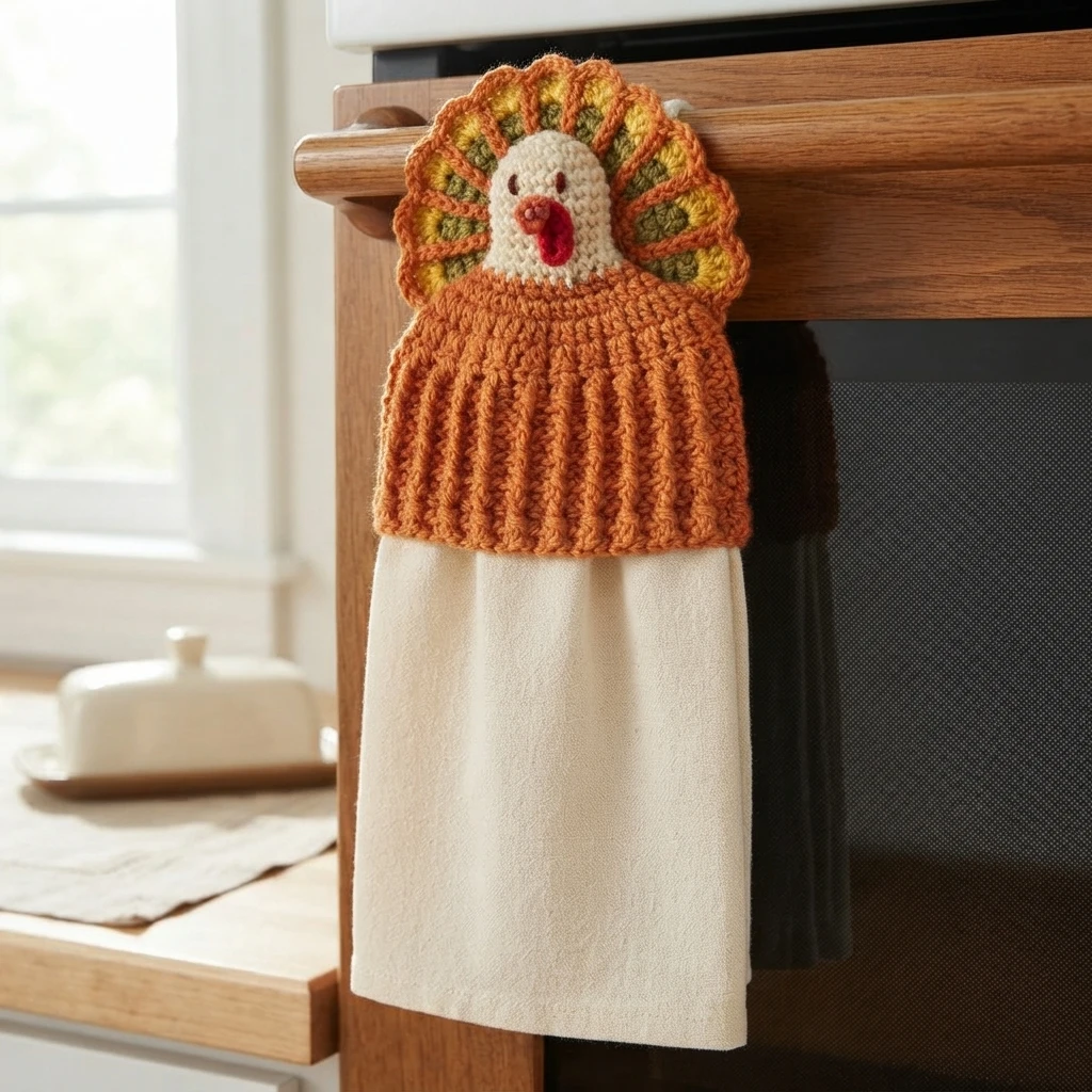 Serviette crochetée orange suspendue à une barre, avec une tête de dinde blanche et une queue en éventail verte et orange.