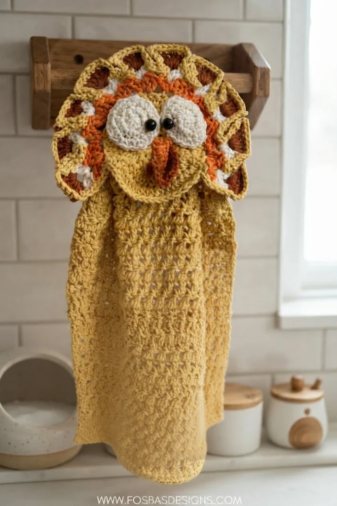 A mustard-yellow crocheted kitchen towel with a turkey face and layered golden, brown, orange, and white feathers hangs from a wooden peg.
