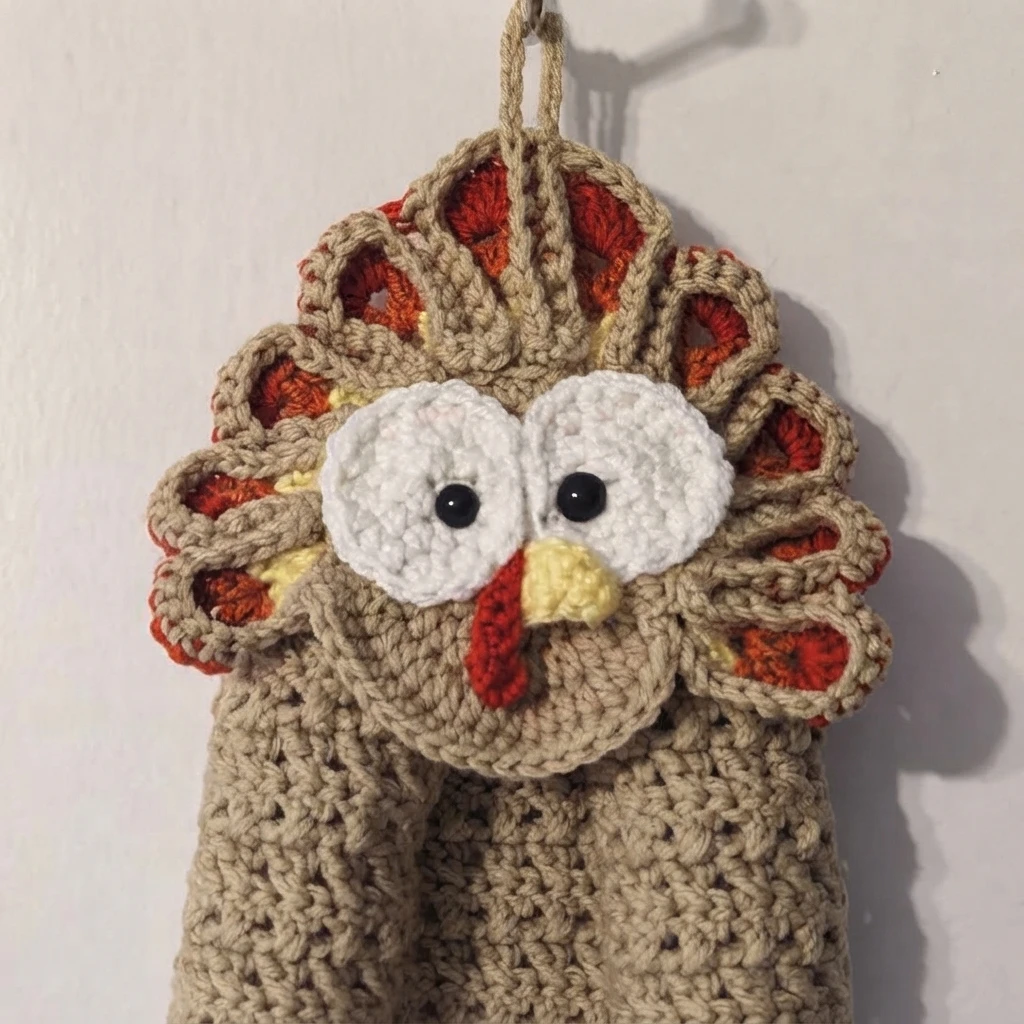 A tan crocheted kitchen towel topped with a turkey face, white eyes, a yellow beak, a red wattle, and layered colorful feathers.