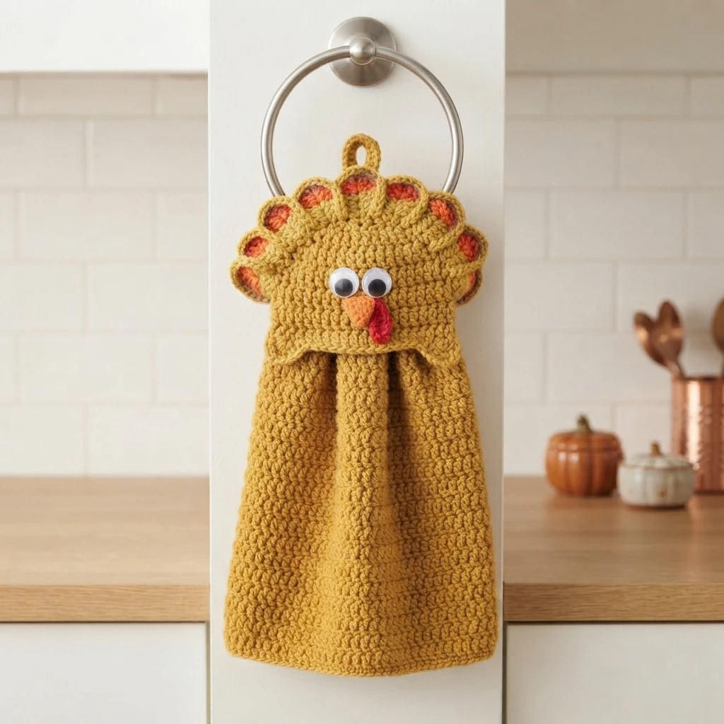 A mustard-yellow crocheted towel with a turkey face and fan-shaped feathers hangs from a metal ring on a kitchen wall.