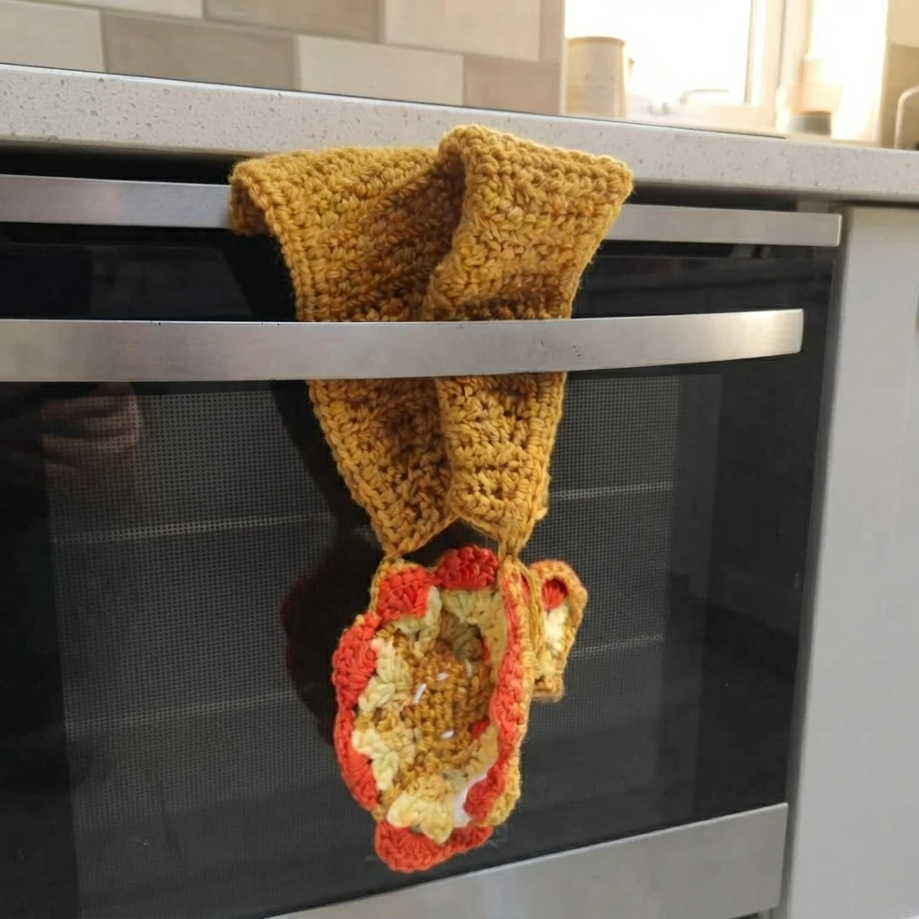 A crocheted turkey kitchen towel hanging from an oven handle, with its turkey motif below the bar.