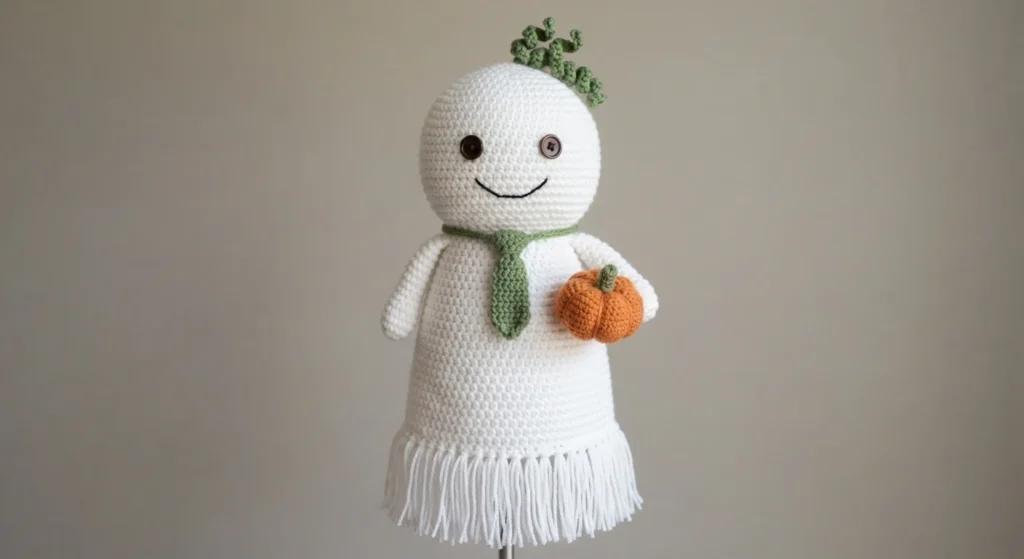 Crochet ghost in white yarn with a green scarf and white fringe along the bottom edge, one dark button eye and one lighter button eye, holding a small orange crochet pumpkin, photographed against a plain light background.