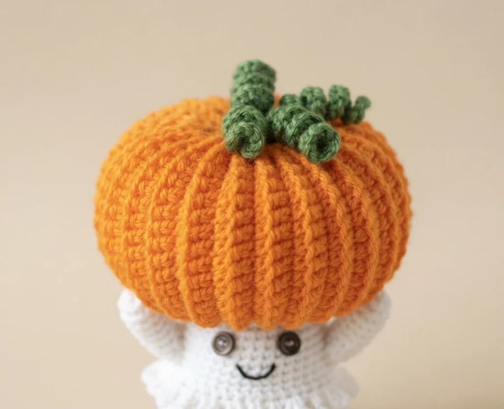 Crocheted orange pumpkin with a curly green stem resting on top of a white crocheted ghost that has button eyes and a stitched smile.