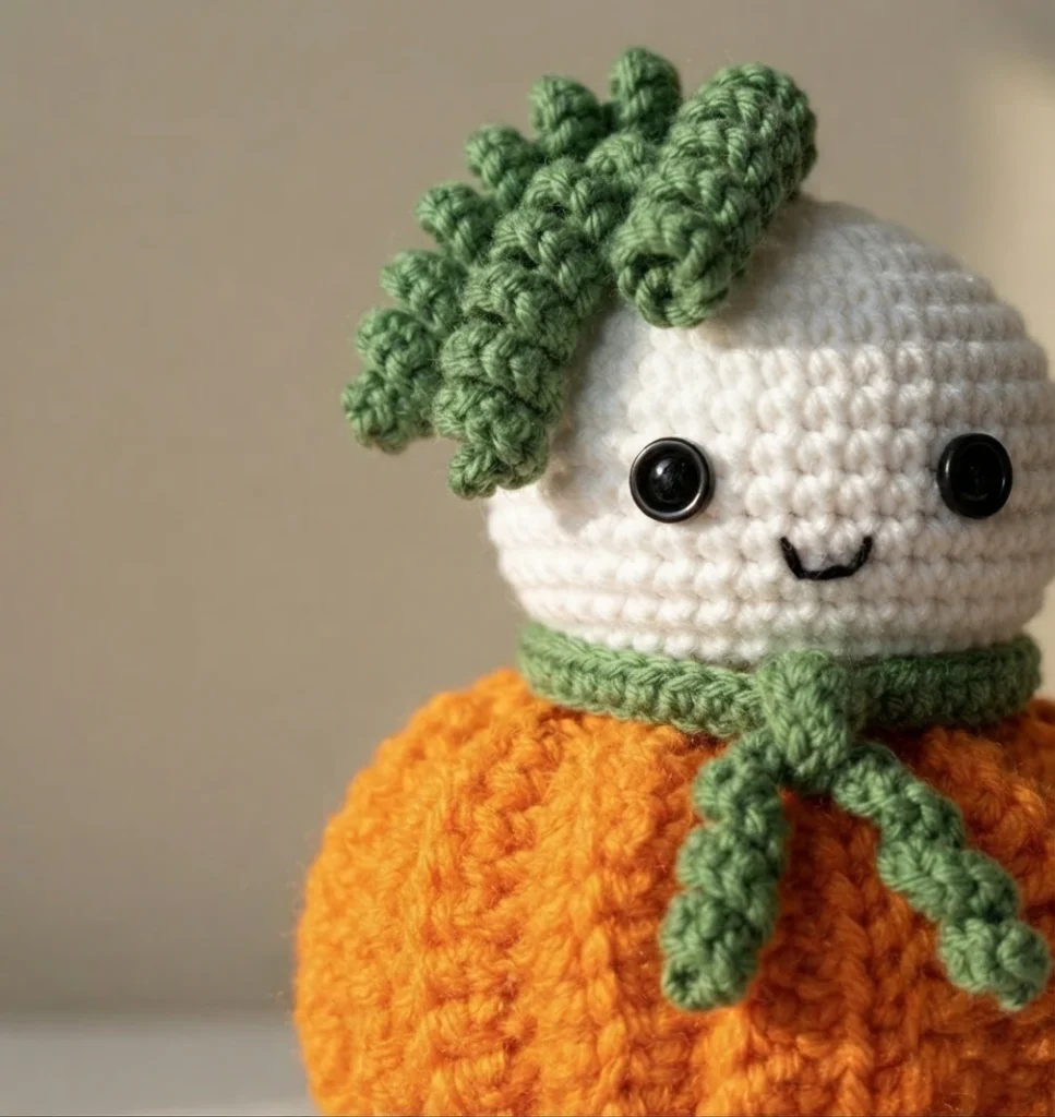 Close-up of a crocheted white head with black button eyes and a stitched smile, wearing a green crocheted scarf, resting on top of a round orange crocheted pumpkin with green crocheted leaves, photographed against a plain light background.