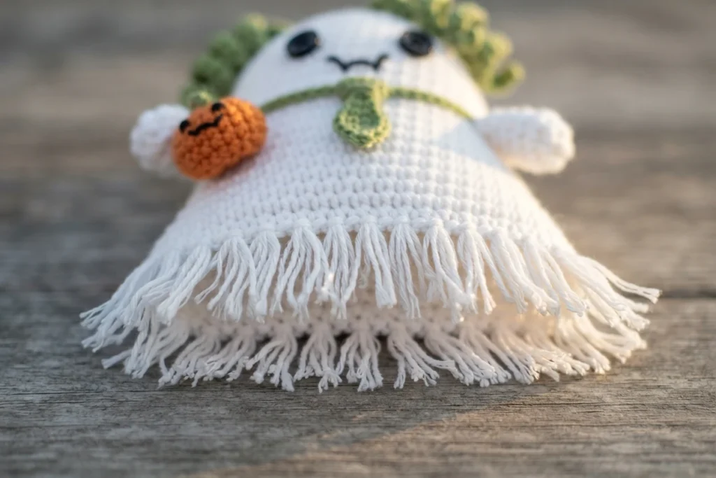 White crocheted ghost lying flat on weathered wood, with black button eyes, stitched black mouth, green vine trim, small orange crocheted pumpkin and a long white fringe hem.