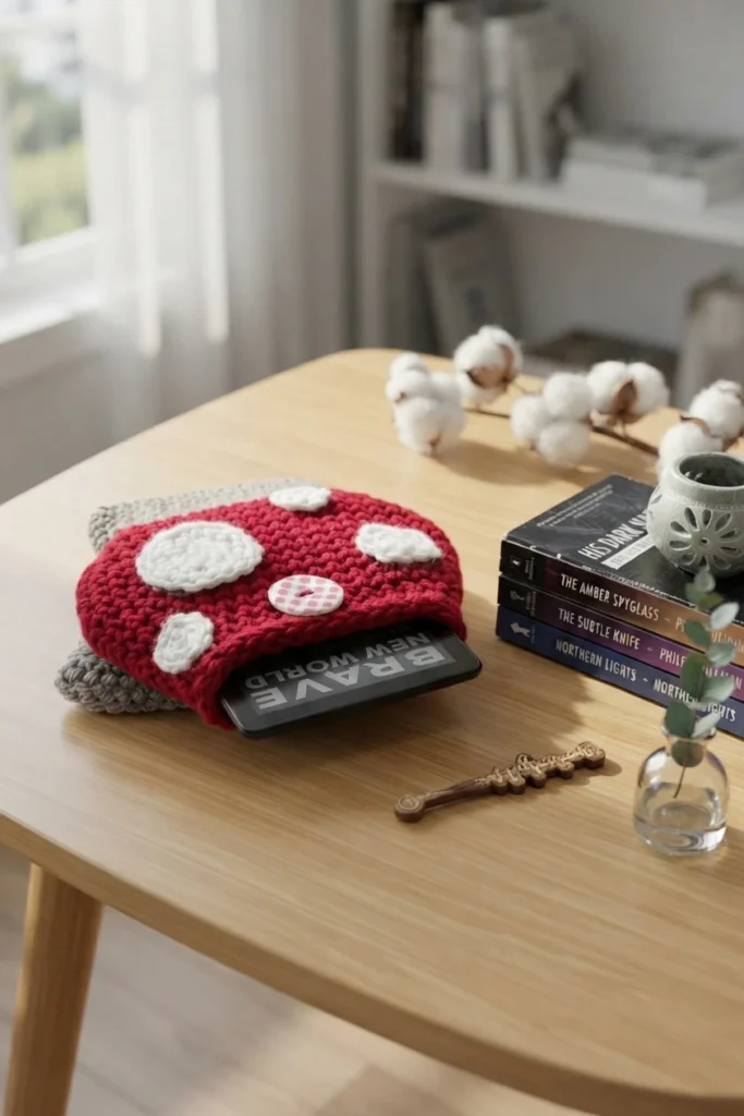 Red crocheted mushroom book sleeve with white spots and a pink checked button, holding an e-reader on a wooden table beside stacked books