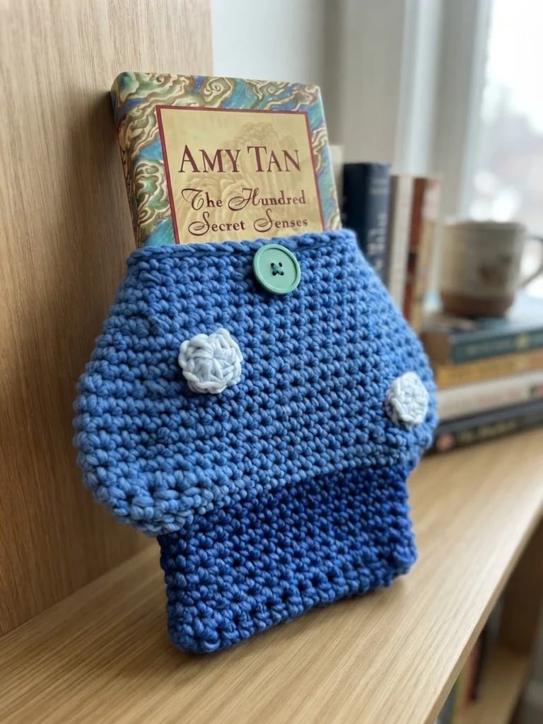 Blue crochet mushroom shaped book sleeve with pale spots and a teal button holding a hardcover book