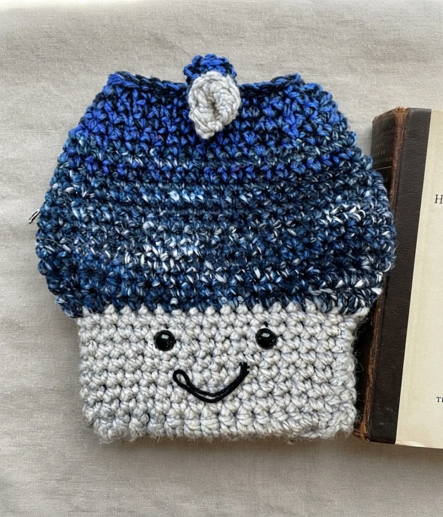 Blue and cream crochet mushroom book sleeve with a smiling face and button loop closure, shown next to a book