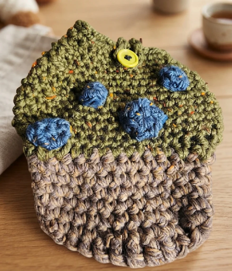 Crochet mushroom book sleeve with a speckled green cap, blue spots, a yellow button closure and a textured brown lower section on a wooden table