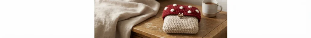 Crochet mushroom book sleeve with a cream body, red cap with white spots and button closure on a wooden table beside linen and a mug