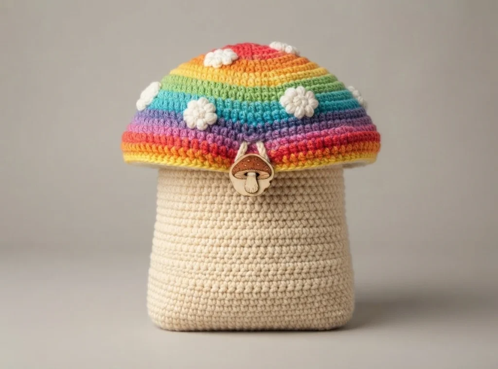 Crochet mushroom book sleeve with a cream body, a rainbow striped cap with white flower spots and a mushroom button closure