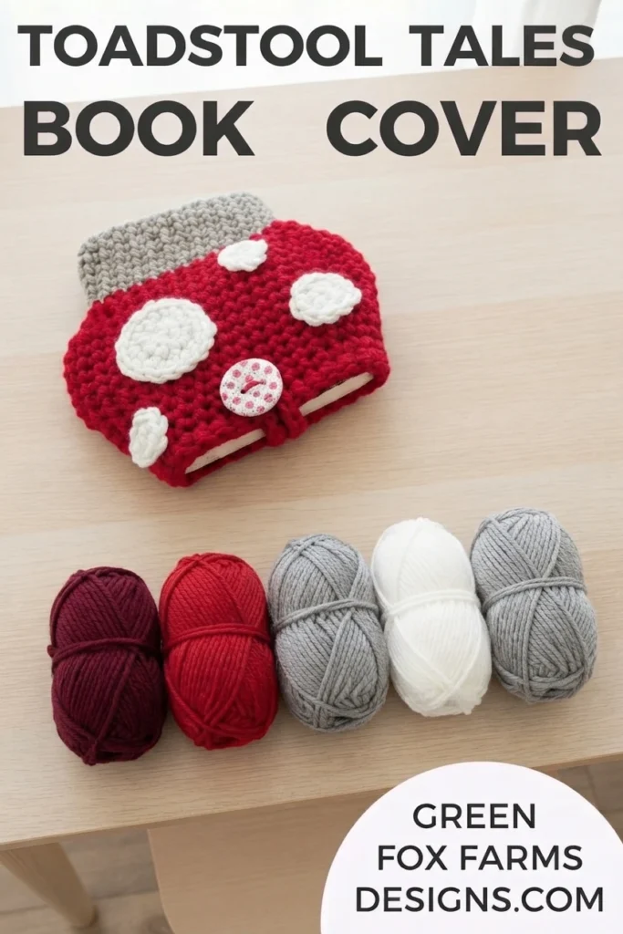 Red crochet mushroom book sleeve with white spots, a gray stem section and a pink polka dot button, placed on a light wood table above five balls of yarn