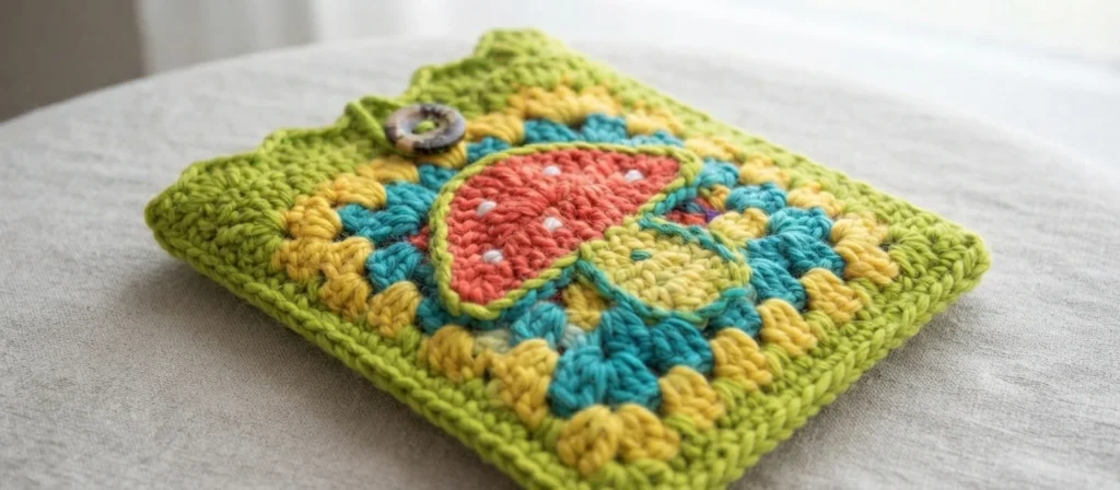 Crocheted book sleeve with a green border, yellow and teal pattern and a red spotted mushroom motif, with a round button, lying on light fabric