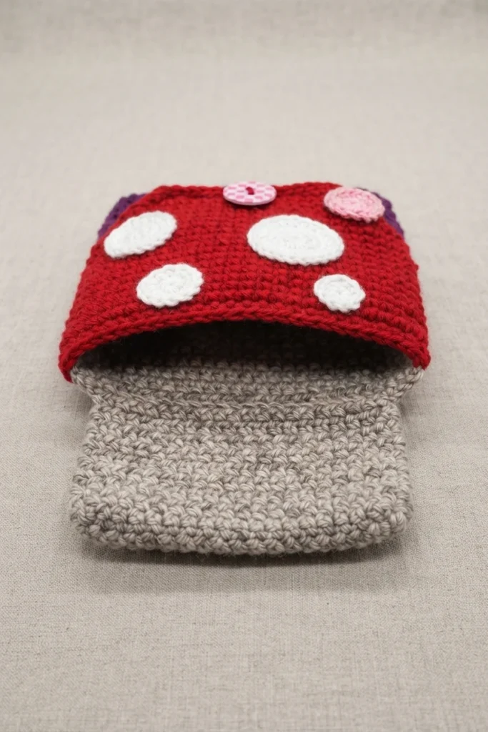Open crochet mushroom book sleeve with a red cap, white spots, a pink button and a grey stem on beige fabric
