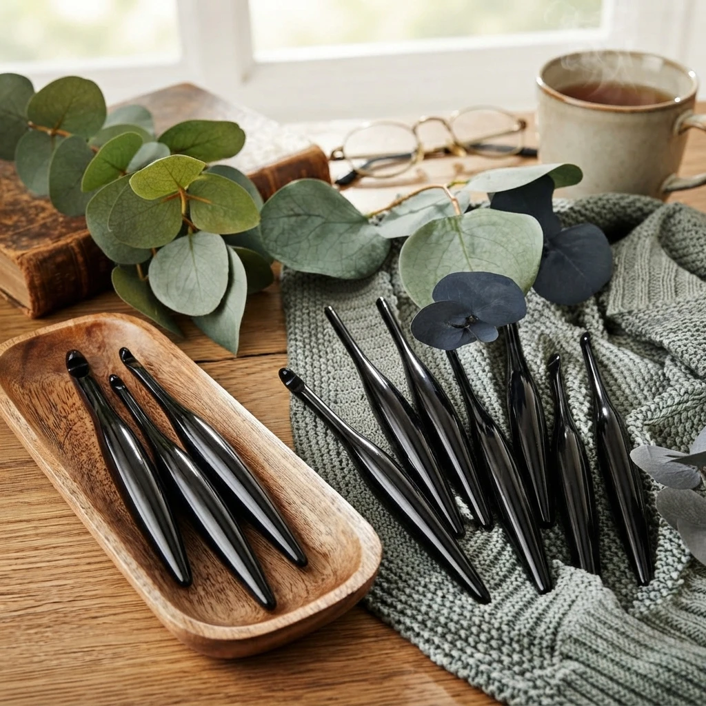 Black crochet hooks arranged in a wooden tray and on green knitted fabric with eucalyptus leaves, a book, glasses and a mug nearby