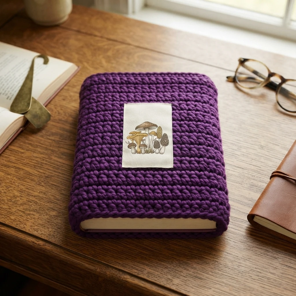 Purple crochet book sleeve with a light patch showing several mushrooms, placed on a wooden table beside glasses and books