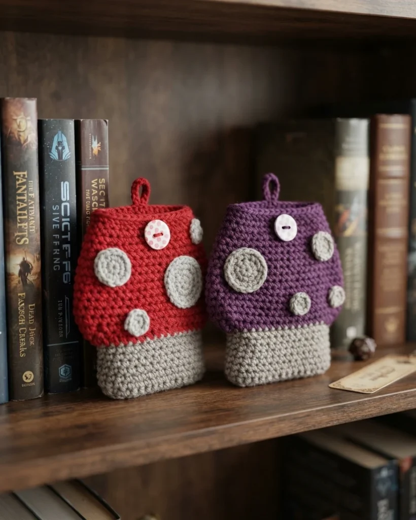 Two crochet mushroom book sleeves, one red and one purple with grey spots, grey stems, buttons and hanging loops, standing on a wooden bookshelf among books