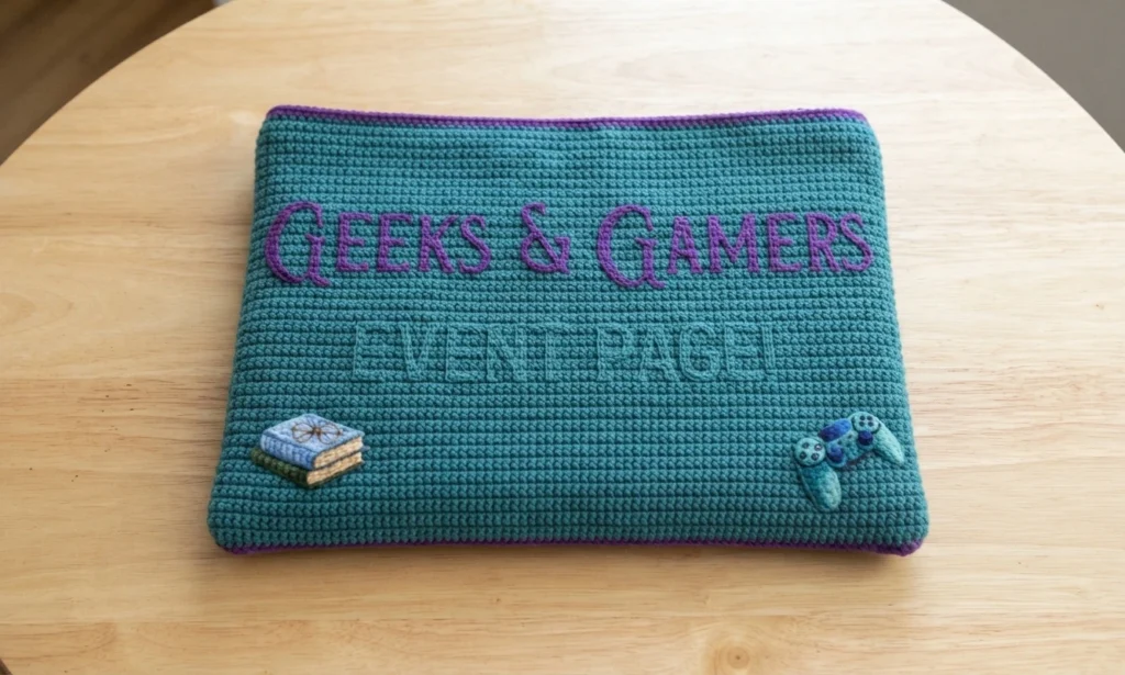 Teal crocheted rectangular panel on a wooden table with purple stitched lettering, a small stacked books motif and a game controller motif