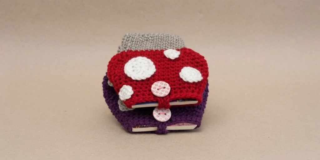 Stacked crochet mushroom book sleeves with a red white spotted cap, gray top and purple sleeve, closed with floral buttons