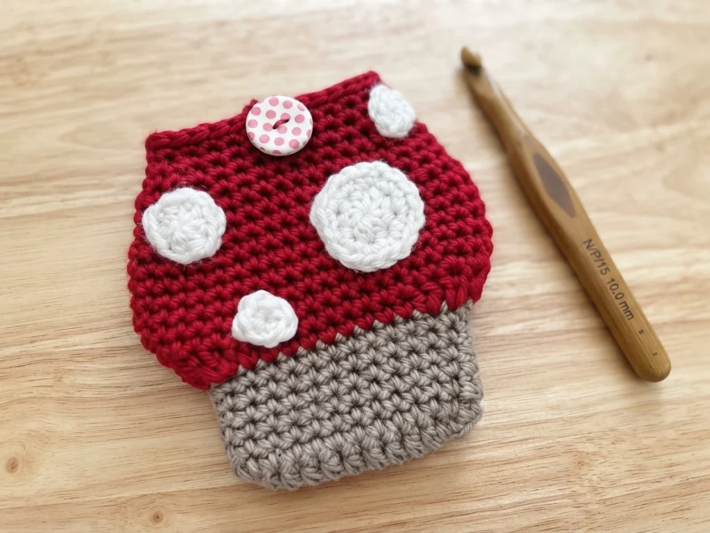 Crochet mushroom book sleeve with a red cap, white spots, a pink polka dot button and a grey base, beside a large wooden crochet hook on a light wood surface