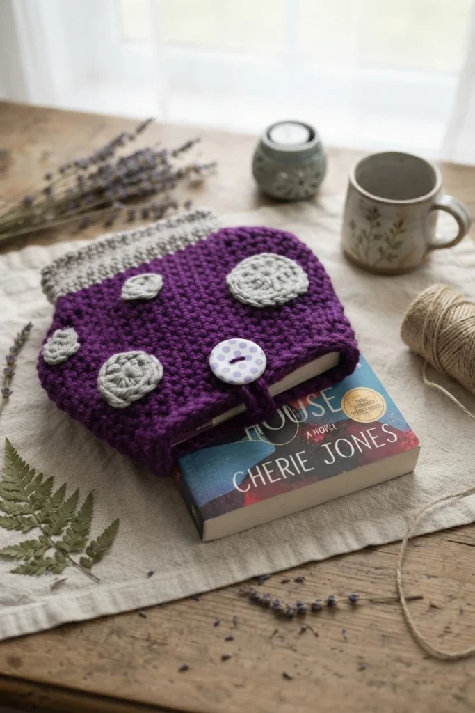 Purple crochet mushroom book sleeve with grey spots and a polka dot button on a book, on a wooden table with a mug and lavender