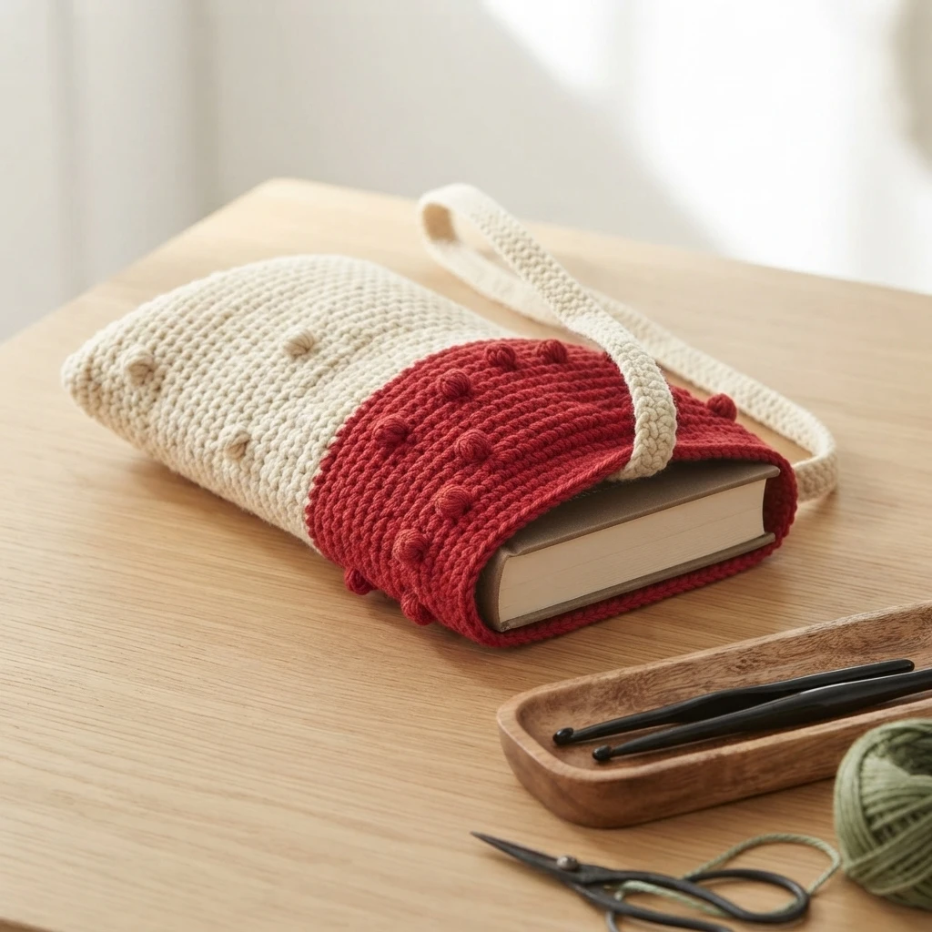 Crochet mushroom book sleeve in cream and red with bobble spots and a cream strap, holding a book on a wooden table beside a tray with black crochet hooks, scissors and green yarn
