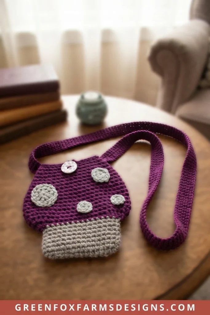 Purple crocheted mushroom book sleeve with grey stem and grey spots, white button and long purple strap, on a wooden table beside stacked books