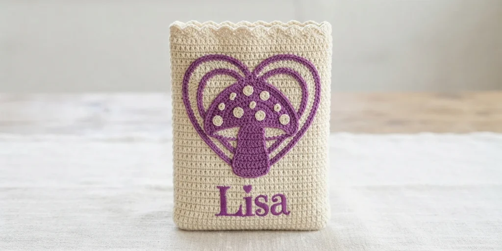 Cream crochet book sleeve with a purple spotted mushroom applique inside a heart outline and the name Lisa below