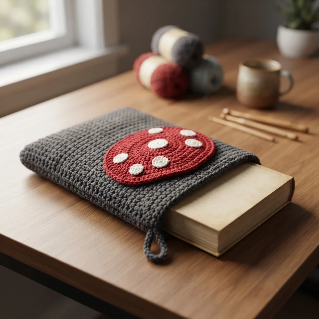 Grey crochet book sleeve with a red mushroom cap with white spots, holding a book on a wooden table