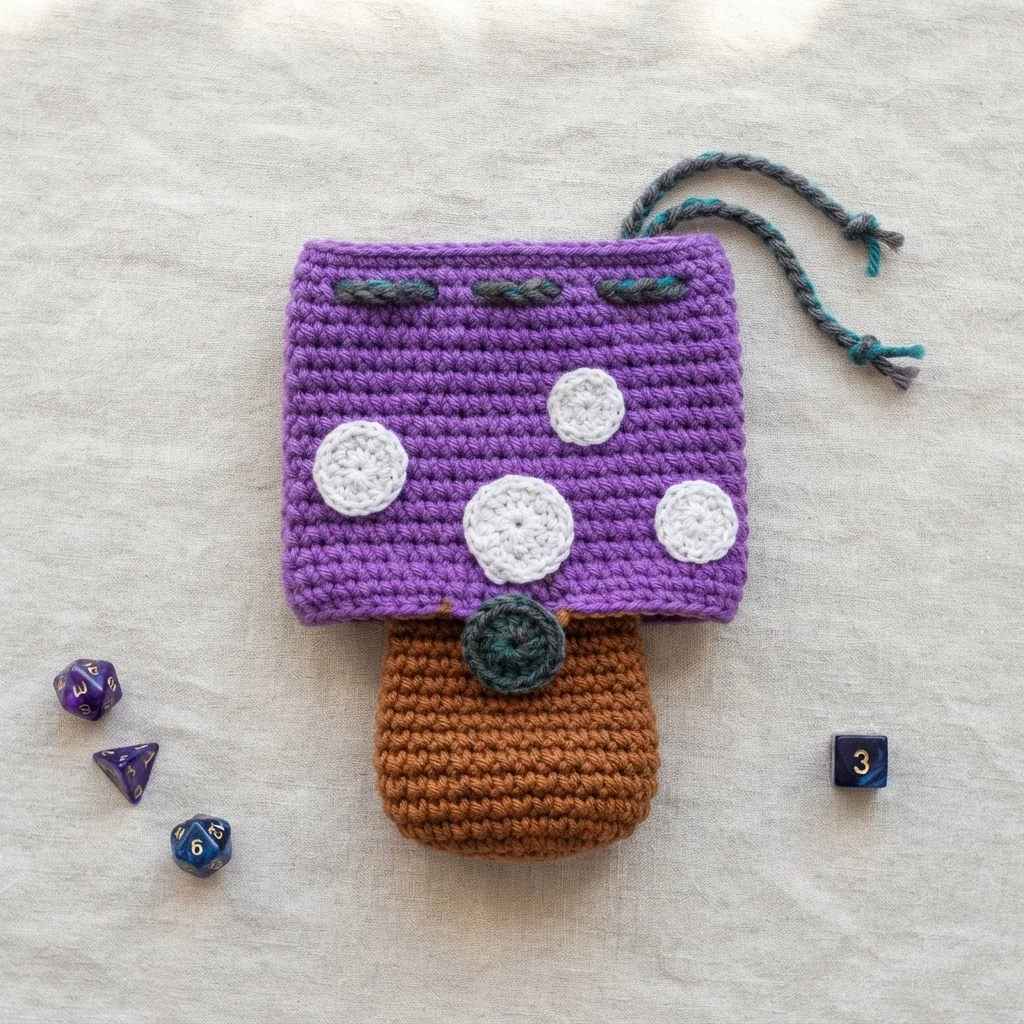 Crocheted purple mushroom pouch with white spots, a brown stem and a drawstring, laid flat with gaming dice around it