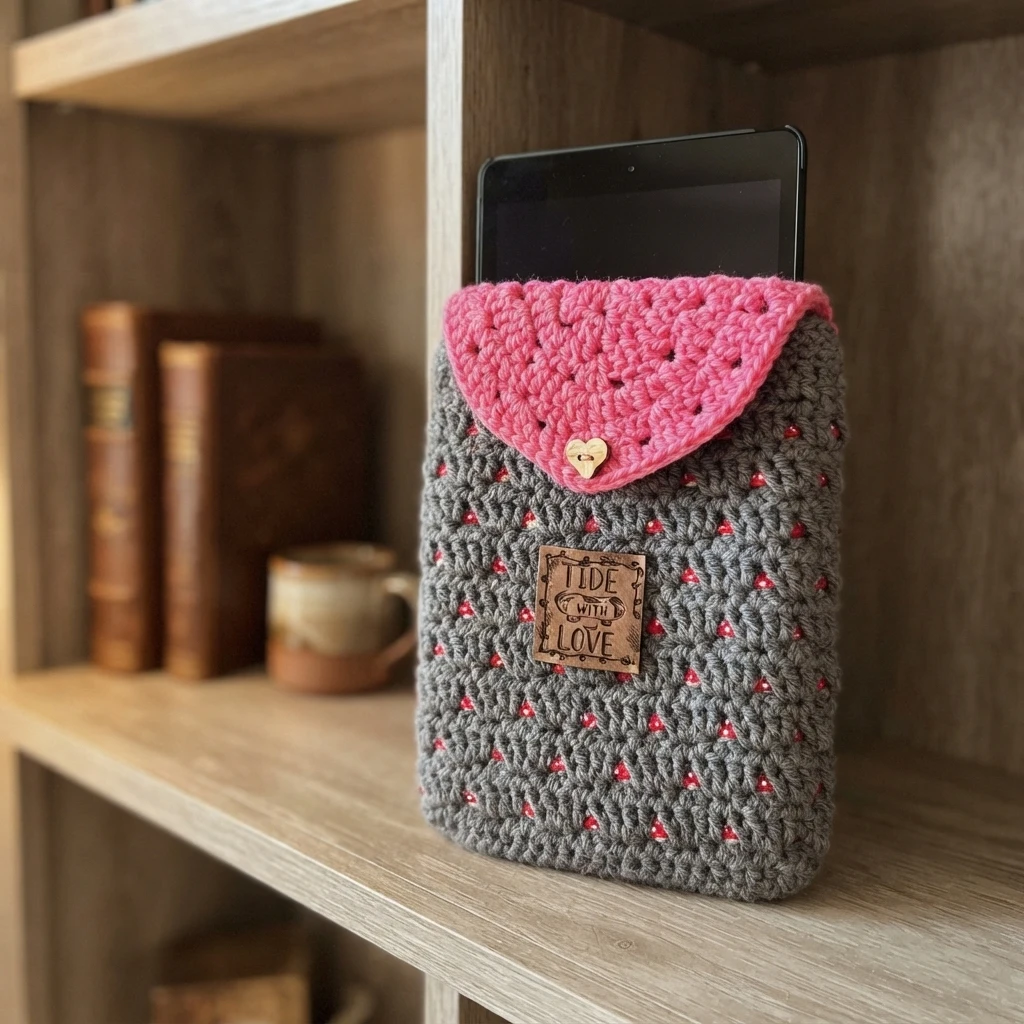 Grey crochet sleeve with a pink flap and heart button holding a tablet on a wooden bookshelf