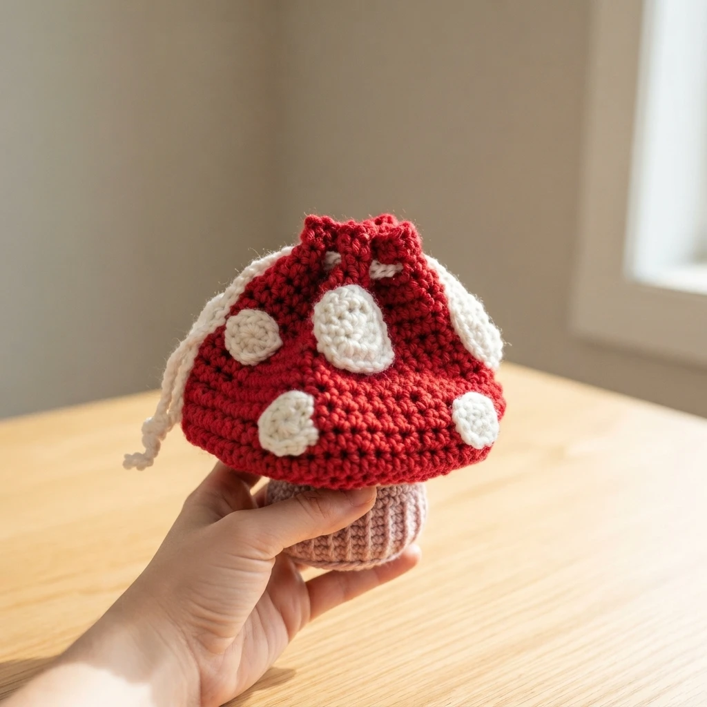 Hand holding a red crochet mushroom drawstring bag with white spots and a beige stem base on a wooden table