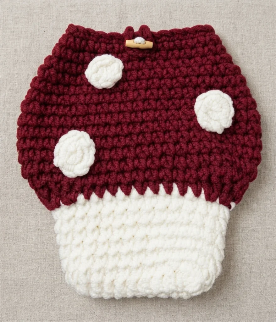 Crochet mushroom book sleeve with a dark red cap, three white spots, a white stem section and a wooden toggle button on a light fabric background