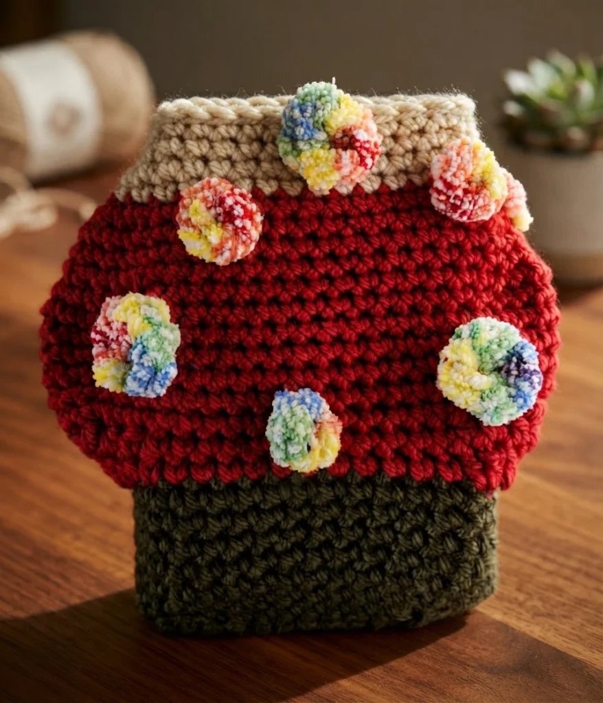 Crochet mushroom book sleeve with a beige top, red cap, dark green base and multicolored pom-pom spots on a wooden table